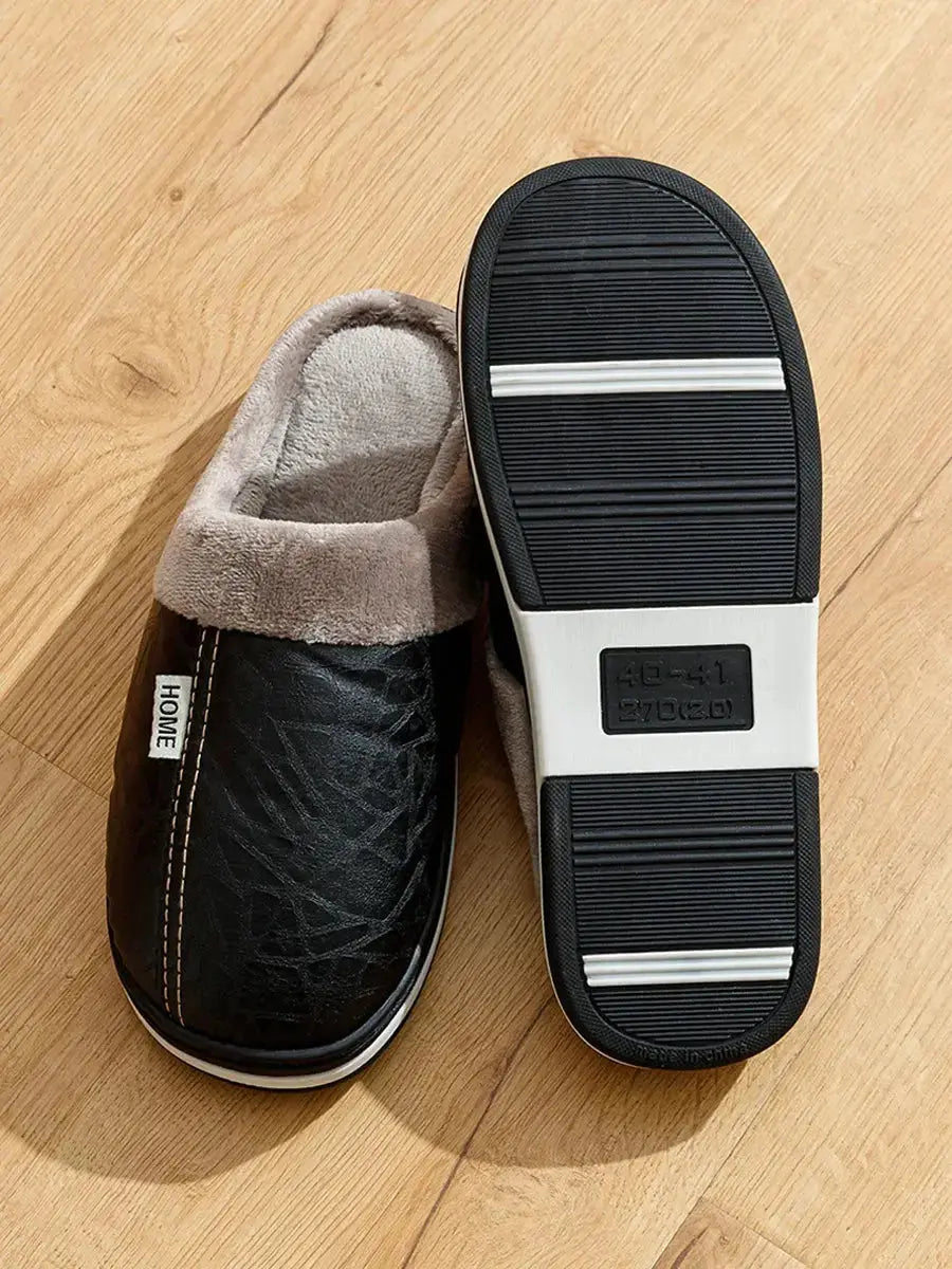 PU Leather Big Sizes Men slippers Indoor Waterproof Fur Flat Men's Winter Home Slipper Cotton Bedroom Houseshoes NIBIOP STORE