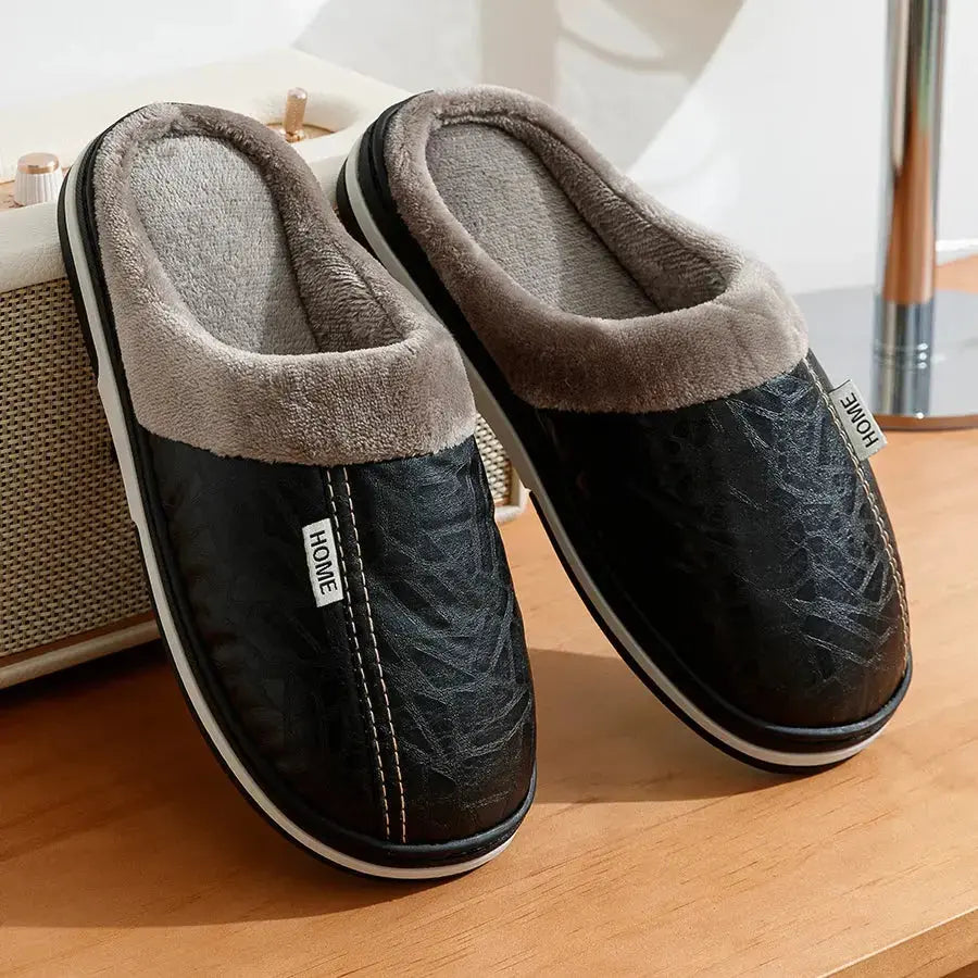 PU Leather Big Sizes Men slippers Indoor Waterproof Fur Flat Men's Winter Home Slipper Cotton Bedroom Houseshoes NIBIOP STORE