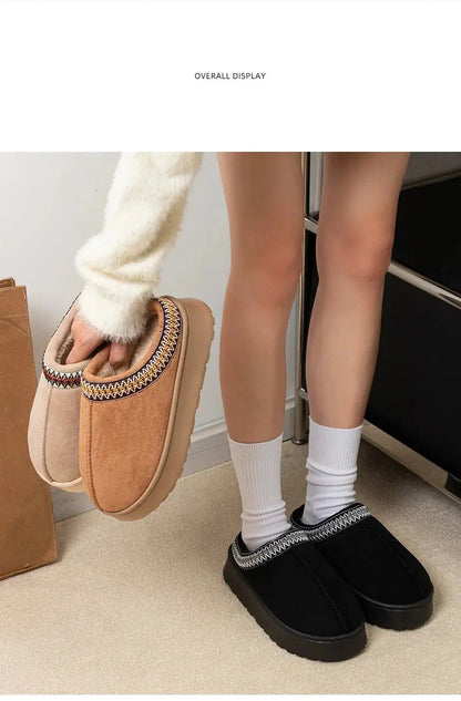 Feslishoet Winter Woman Slippers Plush Interior Anti Slip Sole Thick Bottom Embroider Fashion  Warm Slippers Use Indoor Outdoor NIBIOP STORE